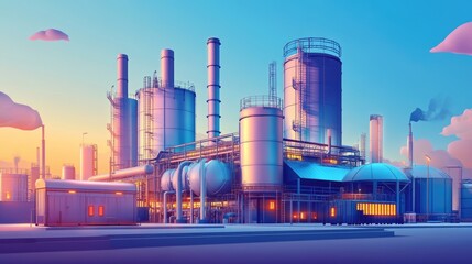 Obraz premium Chemical Reactor Tanks. Industrial Manufacturing of Hydrocarbon Plant with Blue Architecture Background
