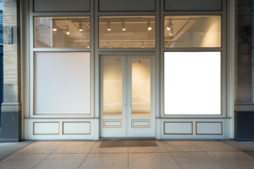 A white storefront with two windows and a door, Mockups, Transparent PNG