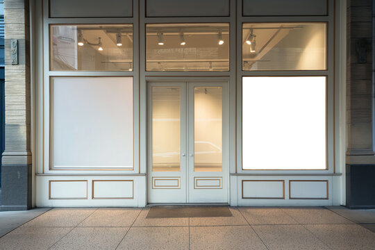 A white storefront with two windows and a door, Mockups, Transparent PNG