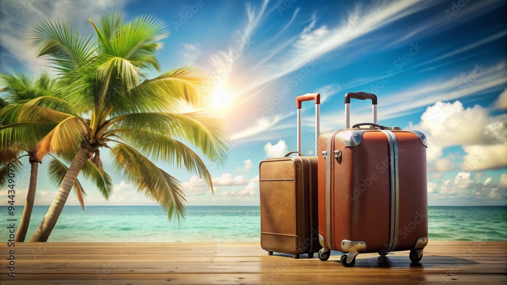 Sticker Two suitcases stand on a wooden pier overlooking a breathtaking tropical beach with palm trees swaying in the breeze and the sun setting over the horizon, symbolizing the excitement and freedom of tra