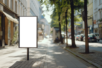 A white billboard is on a sidewalk in front of a building, Mockups, Transparent PNG