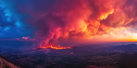 Obraz premium Colorado Wildfire. Marshall Fire at Night - Red Flames and Smoke Illuminate the Sky