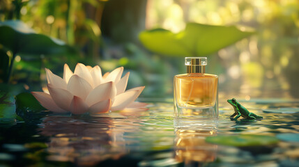 A bottle of perfume on the water, with lotus flowers and frogs in the forest background. 