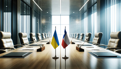 A modern conference room with Ukraine and Chile flags on a long table, symbolizing a bilateral meeting or diplomatic discussions between the two nations.