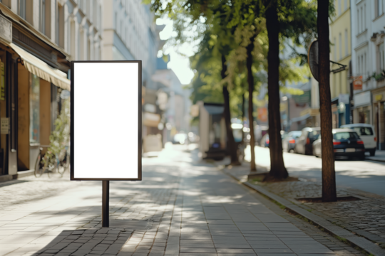 A white billboard is on a sidewalk in front of a building, Mockups, Transparent PNG - Powered by Adobe