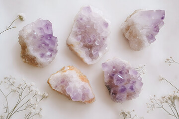 Pastel Amethyst Crystal Clusters with Tiny Flowers and Dainty Leaves on White Background