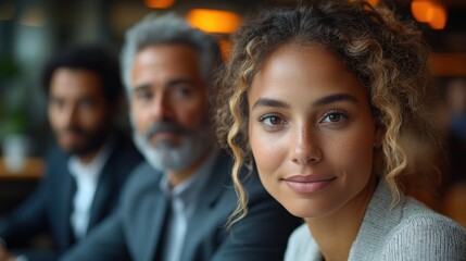 Fototapeta premium Smiling Woman with Curly Hair in a Group