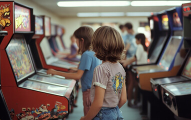 Children in arcade, retro, childhood, 1980