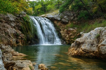 Davis Mountains. Serene Waterfall Cascades Over Rocks in Lush Forest Landscape