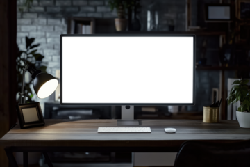 A computer monitor sits on a desk with a lamp next to it, Mockups, Transparent PNG