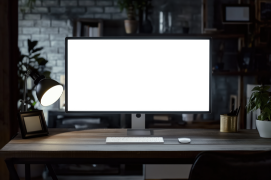 A computer monitor sits on a desk with a lamp next to it, Mockups, Transparent PNG