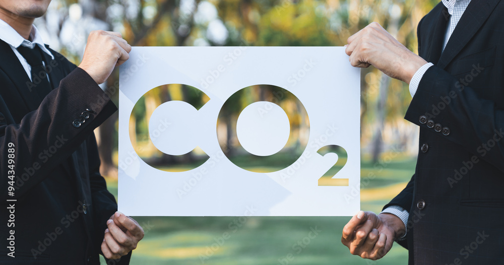 Sticker Group of business people stand united, holding eco-friendly idea and concept for environmental awareness campaign on CO2 or carbon emission for greener environment. Gyre