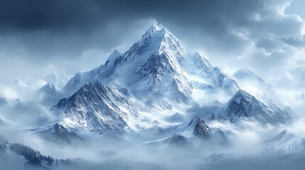 A majestic snow-capped mountain peak rises above a sea of clouds, with dramatic lighting and a sense of awe-inspiring grandeur.