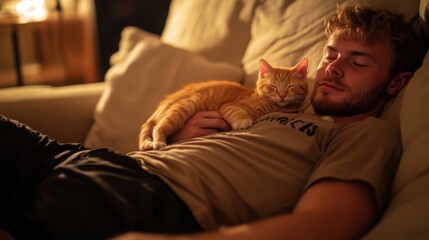 A photo of an attractive man lying on the couch with his legs crossed, wearing black shorts and a brown t-shirt, sleeping. 