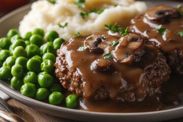 Hamburger Steak With Gravy. Close-Up of Salisbury Steak with Mushroom Gravy and Green Peas