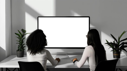 Two women sitting at a desk in front of a computer monitor, Mockups, Transparent PNG