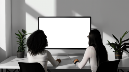 Two women sitting at a desk in front of a computer monitor, Mockups, Transparent PNG