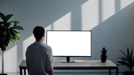 A man is sitting in front of a television that is turned off, Mockups, Transparent PNG