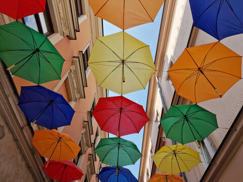 beautiful multicolored umbrellas over city street. Tarnow, Poland