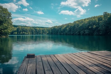 Obraz premium A tranquil lake with a wooden pier extending into the water, surrounded by a lush forest under a clear sky.