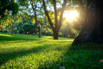 Fototapeta premium A vibrant park with bright sunlight, lush green grass, and tall trees creating a peaceful natural environment.
