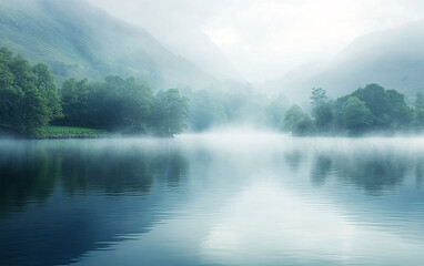 Fototapeta premium Tranquil lake with mist-covered mountains and dense forest reflecting in calm water, serene natural landscape with soft morning light, peaceful outdoor scenery