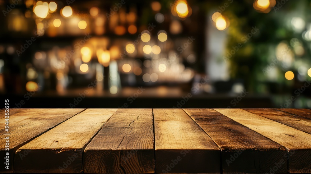 Poster empty rustic wood table and blurred soft light table in restaurant with bokeh background. product di