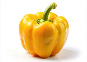 Vibrant yellow sweet pepper stands out against a pure white background, its glossy skin and delicate ridges showcasing its natural beauty in high definition.