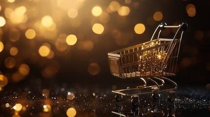 Golden shopping cart on dark background with glittering bokeh: Black Friday shopping concept. Concept Black Friday, Shopping Cart, Glittering Bokeh, Dark Background, Golden Touch