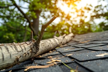 Fototapeta premium Fallen tree branch lying on a shingled roof with sunlit background. Illustrates the impact of storms, nature's force, and potential roof damage in a residential area.
