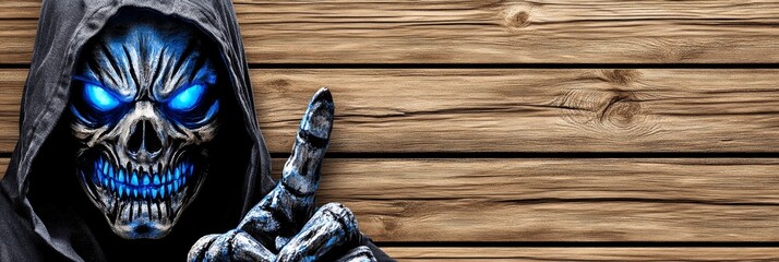 A sinister-looking figure with a glowing blue skull gestures quietly in front of a rustic wooden backdrop