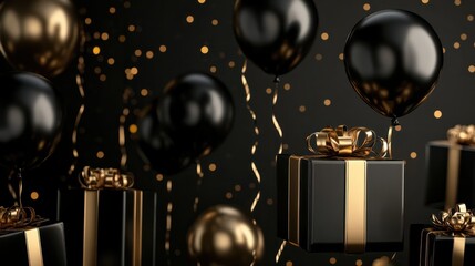 many black and gold balloons and gift boxes with gold ribbons
