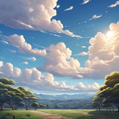 Anime style attractive bright charming sky background with some white clouds and natural view, Summer and Spring blue sky with fluffy white clouds in the wind