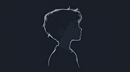  A silhouette of a young boy in profile, set against a dark background, capturing a quiet moment of contemplation in a minimalist style.