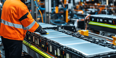 S&eacute;curit&eacute; et Pr&eacute;cision dans l'Assemblage de Batteries par un Ouvrier en Usine : id&eacute;al pour article ou blog sur les batteries, les voitures &eacute;lectriques, l'&eacute;nergie, etc.