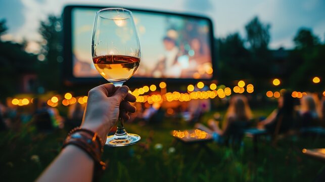 Hand holding wine glass closeup view in an outdoor movie party