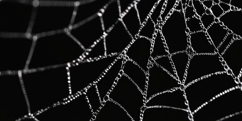 Fototapeta premium Dew-covered spider web glistens in the morning light, showcasing intricate patterns against a deep black backdrop