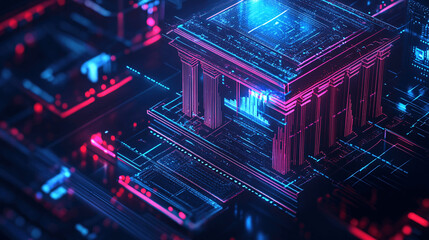 Glowing digital bank icon with abstract futuristic design and lines. Concept of blockchain, digital payments and financial security, Generative AI.