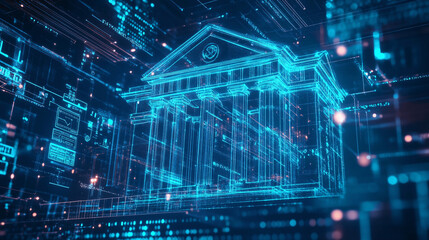 Glowing digital bank icon with abstract futuristic design and lines. Concept of blockchain, digital payments and financial security, Generative AI.