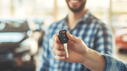 Excited new car owner receiving keys from salesperson in dealership showroom. Happy customer smiling and posing with new vehicle.