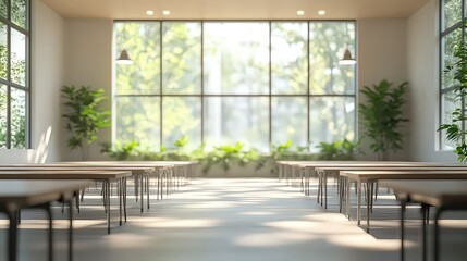  Bright and airy classroom with large windows and indoor plants, fostering a peaceful learning environment.