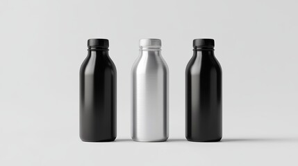 A 3D rendering of an aluminum bottle in black, grey, and white, isolated on a white background