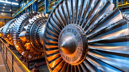Detail of the metal turbine mechanism. Large shiny steel equipment with blades. A machine with many gears and a shiny metallic appearance. Illustration for poster, cover, brochure or presentation.