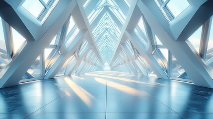  Modern architectural hallway with triangular steel beams and bright sunlight.