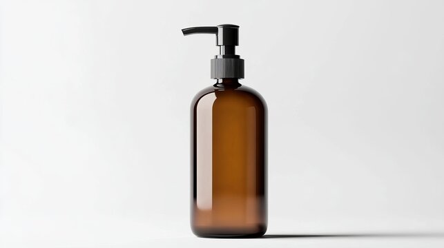A blank brown glass bottle mockup with a pump, isolated against a white background, representing a realistic packaging template for shampoo or soap