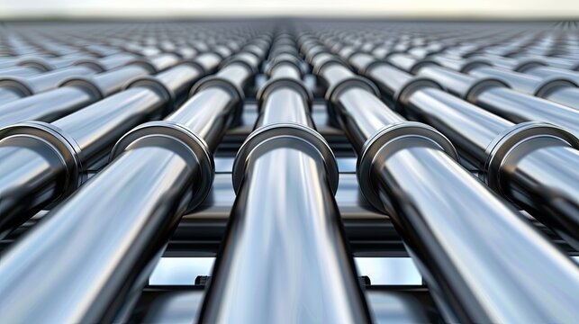Rows of galvanized or steel pipes are stacked in a shop or warehouse. The pipes are large and appear to be the same size. Illustration for advertising or presentation.
