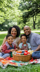Fototapeta premium Happy Family Picnic in the Park Smiling Parents and Children Enjoying Fresh Fruits and Vegetables
