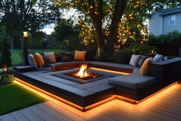 Deck Fire Pit. Backyard Luxury Fire Pit Seating in Night Garden Space