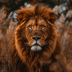 Obraz premium Portrait of a majestic lion with a thick mane of the king of beasts among tall grass, looking straight into the camera. The image conveys the strength, power and majesty of a wild predator