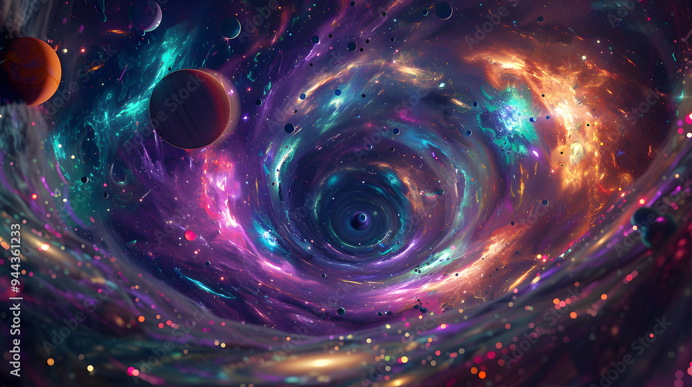 Canvas Prints a colorful galaxy with a spiral shape and a large planet in the center.